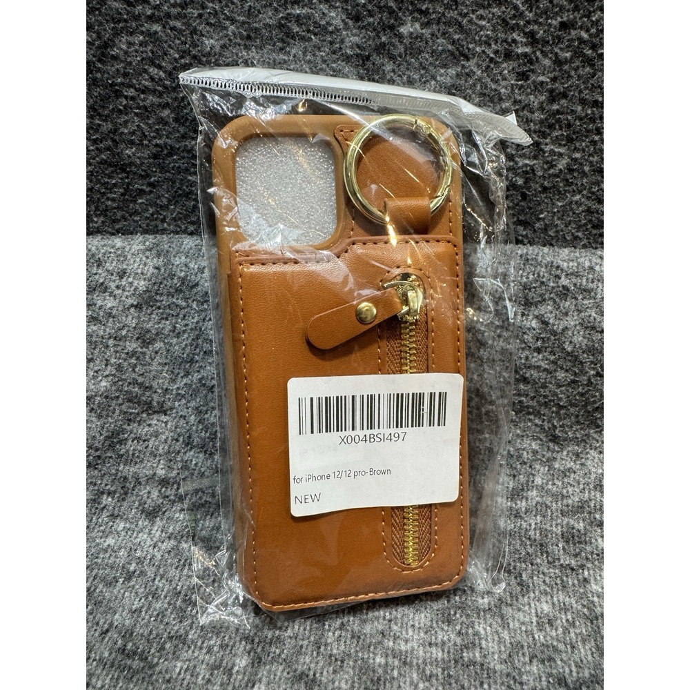 iPhone 12 12 Pro Wallet Case Brown Zipper Card Holder Key Ring New